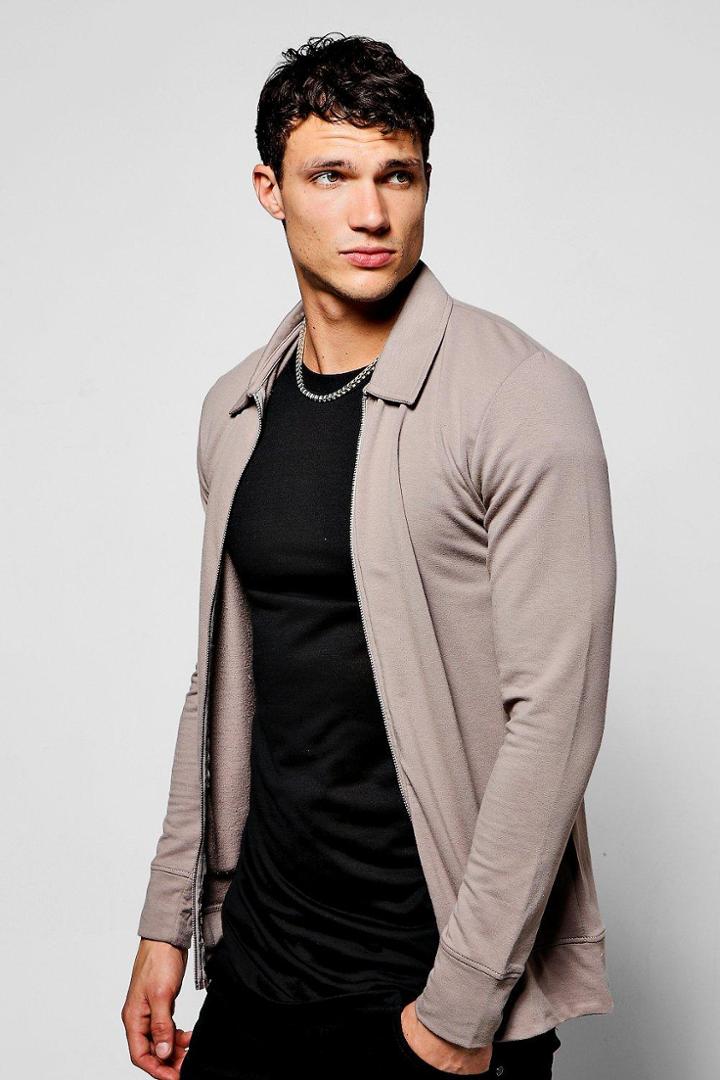Boohoo Muscle Fit Jersey Harrington Jacket Taupe