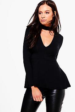 Boohoo Ruby Long Sleeve Choker Peplum