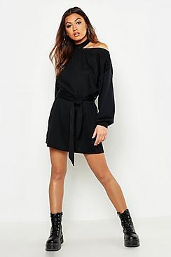 Boohoo Cut Out Neckline Belted Sweatshirt Dress