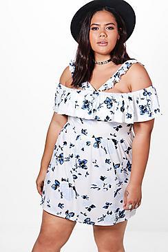 Boohoo Plus Bella Floral Frill Detail Skater Dress