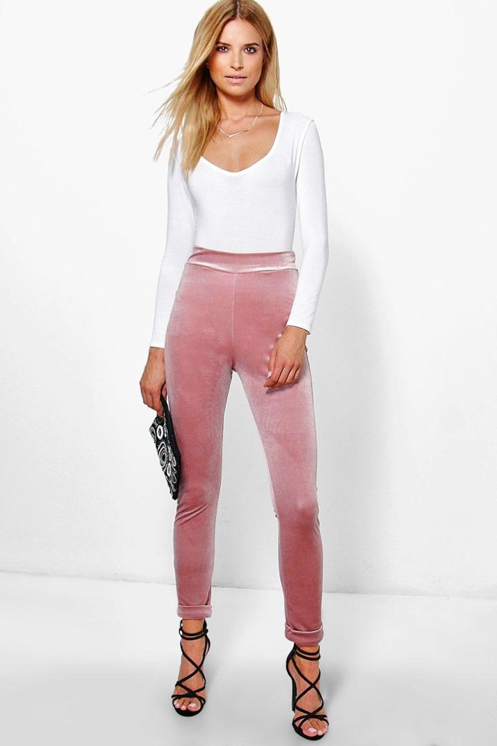 Boohoo Kate Velvet Turn Up Skinny Trousers Rose