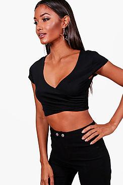 Boohoo Sally Basic Wrap Front Cap Sleeve Crop