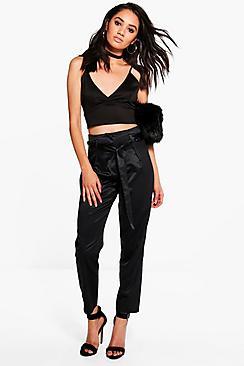 Boohoo Petite Harriet Satin Tie Waist Trousers