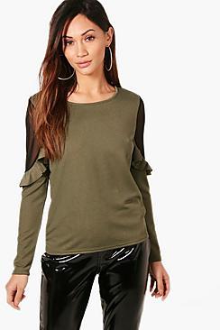 Boohoo Petite Riley Ruffle Sleeve Mesh Insert Crepe Top
