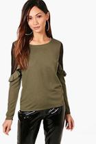 Boohoo Petite Riley Ruffle Sleeve Mesh Insert Crepe Top
