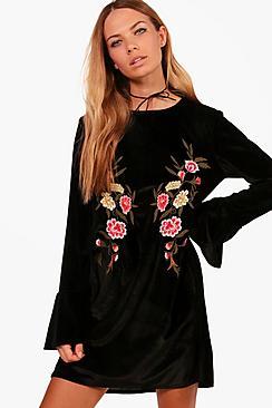 Boohoo Angelina Embroidered Velvet Shift Dress