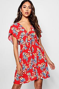 Boohoo Aurelia Tie Front Tropical Print Skater Dress