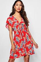 Boohoo Aurelia Tie Front Tropical Print Skater Dress