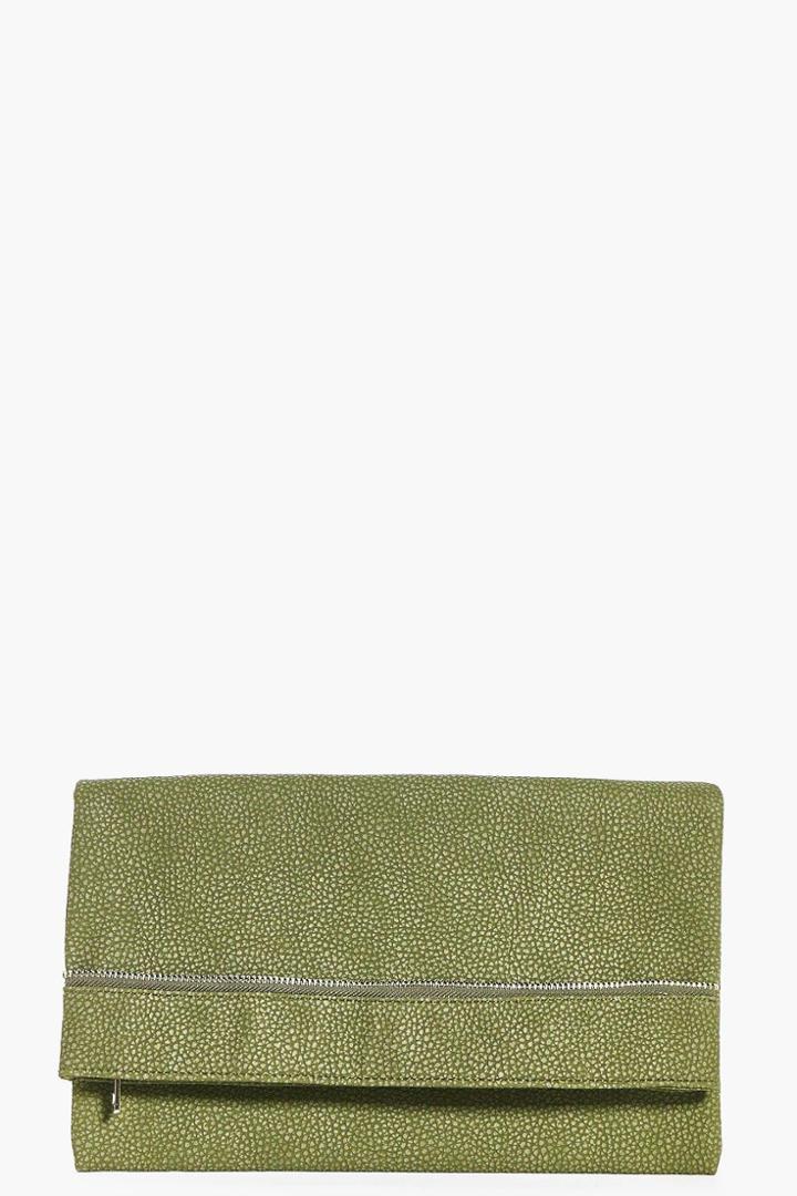 Boohoo Leah Zip Detail Fold Over Clutch Bag Khaki