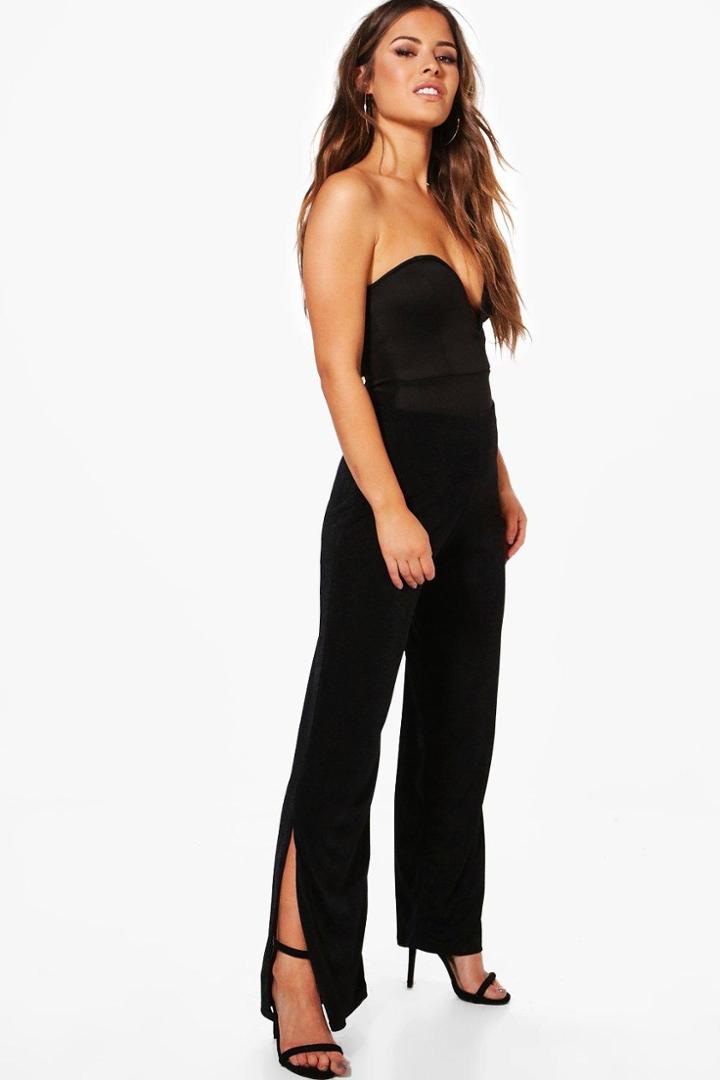 Boohoo Petite Vicky Wide Leg Slinky Trouser Black