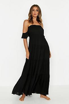 Boohoo Bardot Cheese Cloth Maxi Beach Dress