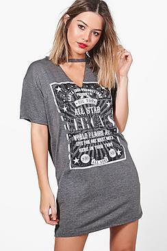 Boohoo Petite Dana Choker Detail Printed T-shirt Dress