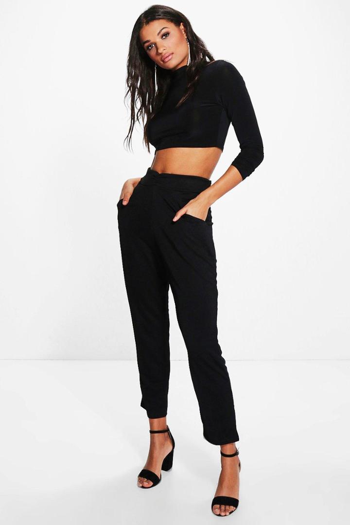 Boohoo Ria Roll Slinky Crop & Textured Trouser Black