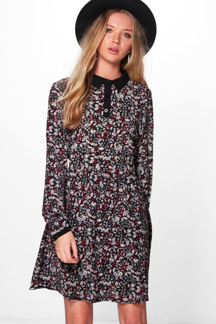 Boohoo Moria Long Sleeved Printed Shift Dress Black