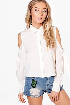 Boohoo Isobel Cold Shoulder Tie Sleeve Shirt