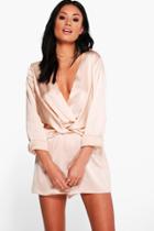 Boohoo Holly Twist Front Satin Playsuit Sand