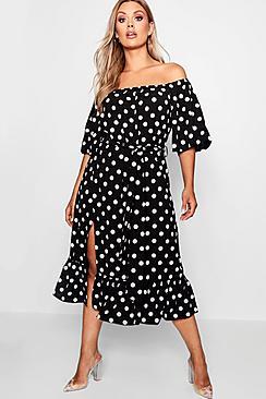 Boohoo Plus Elle Woven Off Shoulder Polka Dot Midi Dress