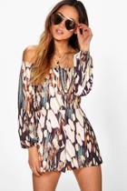 Boohoo Amy Feather Print Off The Shoulder Playsuit Multi