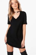 Boohoo Oana O-ring Choker Plunge T-shirt Dress Black