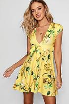 Boohoo Jasmine Tie Front Lemon Floral Skater Dress