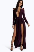 Boohoo Amy Long Sleeve Square Neck Plunge Maxi Dress Berry