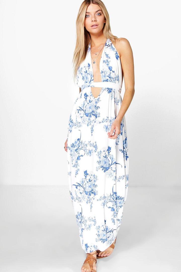 Boohoo Cara Printed Oriental Floral Maxi Dress Multi