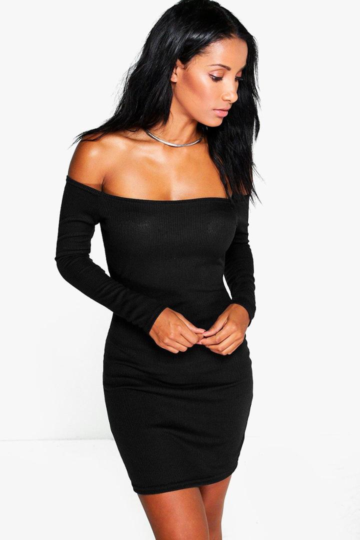 Boohoo Lacey Rib Off Shoulder Bodycon Dress Black