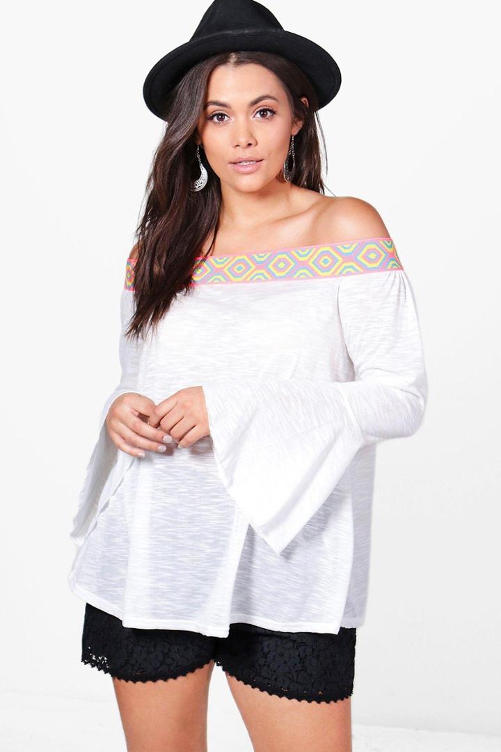 Boohoo Plus Danni Neon Trim Off The Shoulder Top Ivory