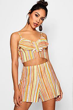 Boohoo Kathy Rainbow Pleated Crop Top Short Co-ord Set