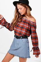 Boohoo Molly Embroidered Check Off The Shoulder Top