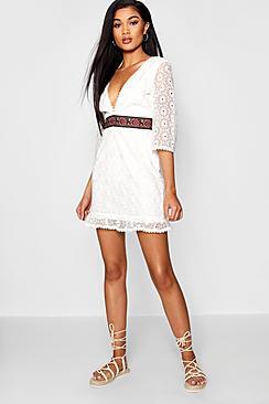 Boohoo Heidi Lace Embroidered Waist Flared Sleeve Dress