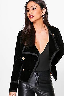 Boohoo Saskia Boutique Velvet Gold Button Military Jacket