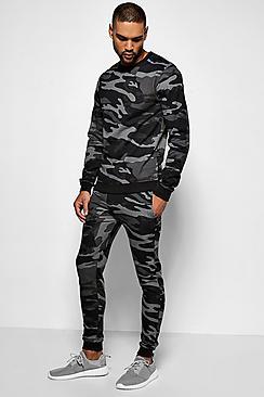 Boohoo Green Camo Crew Neck Sweater Tracksuit