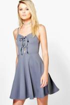 Boohoo Petite Amelia Lace Up Detail Skater Dress Charcoal