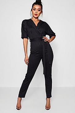 Boohoo Pinstripe Lapel Wrap Jumpsuit