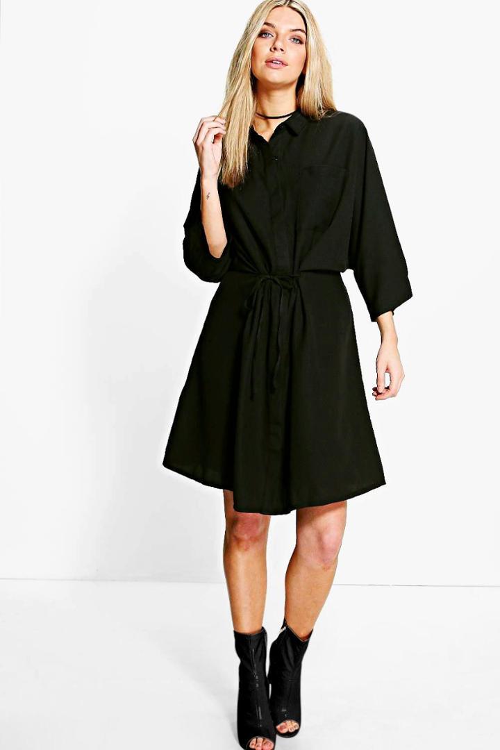 Boohoo Natasha Rouched Waist Utility Shirt Dress Black