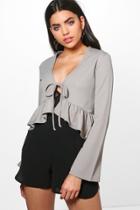 Boohoo Lena Frill Detail Tie Front Jacket Dove