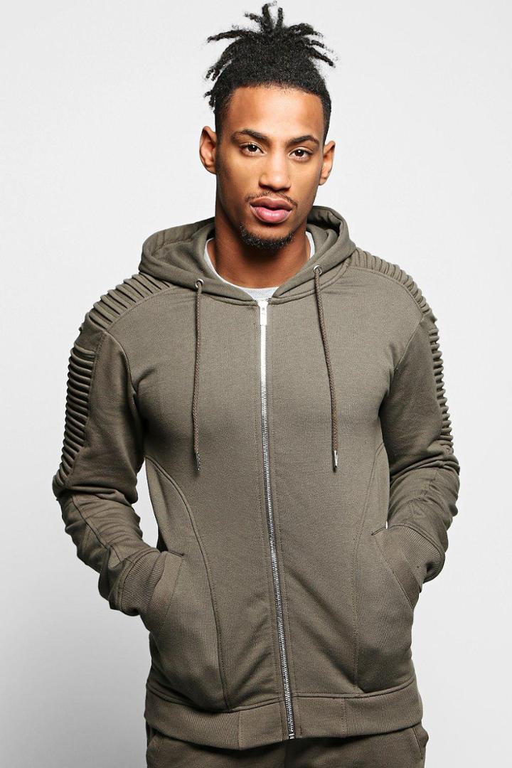 Boohoo Biker Distressed Zip Through Hoodie Khaki