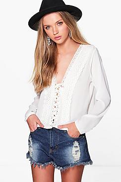 Boohoo Casey Crochet Lace Ribbon Blouse