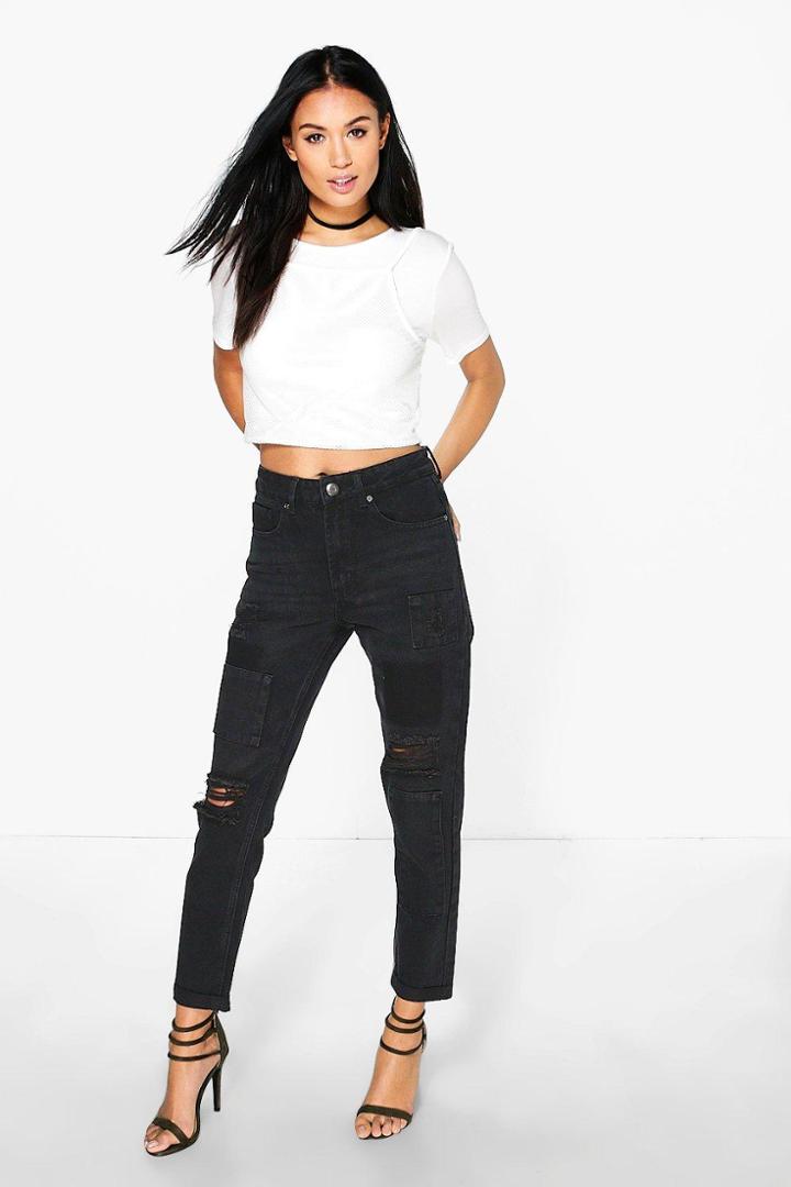 Boohoo Hatty High Rise Patchwork Boyfriend Jeans Black