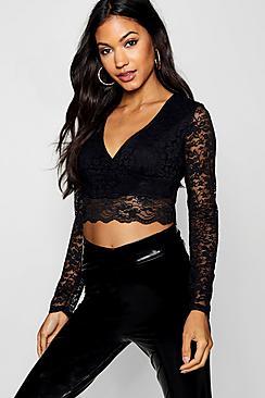 Boohoo Long Sleeve Lace Wrap Crop