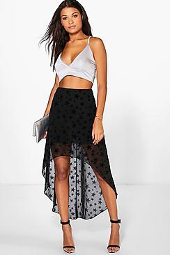 Boohoo Naomi Velvet Star Mesh High Low Maxi Skirt