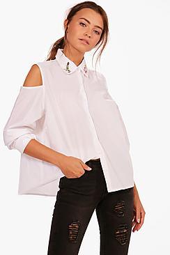 Boohoo Lorna Embellished Collar Cold Shoulder Shirt