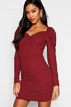 Boohoo Puff Sleeve Wrap Bust Polka Dot Bodycon Dress