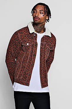 Boohoo Borg Collar Leopard Denim Jacket
