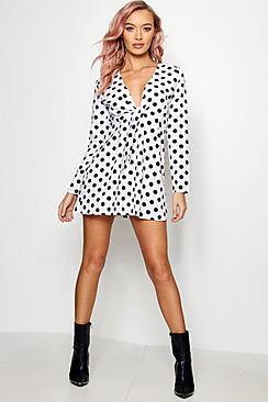 Boohoo Knot Front Polka Dot Skater Dress