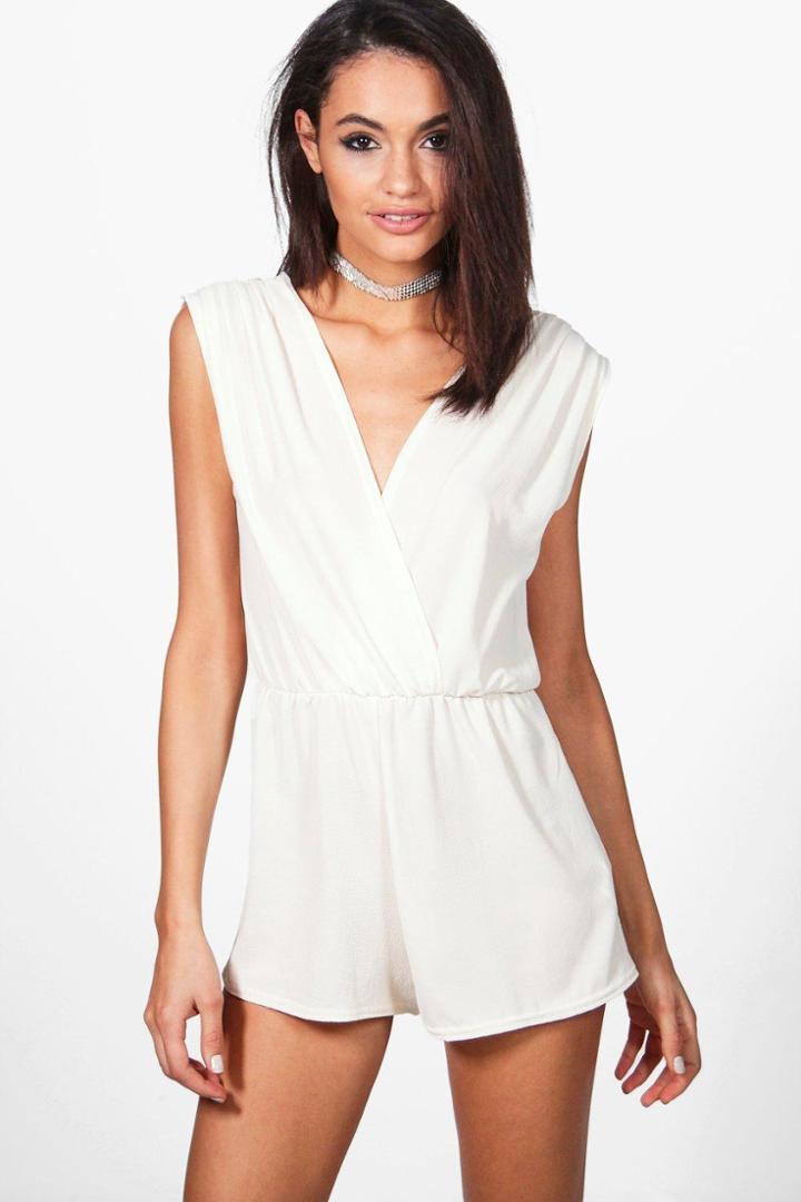 Boohoo Sophie Pleated Shoulder Playsuit Ivory