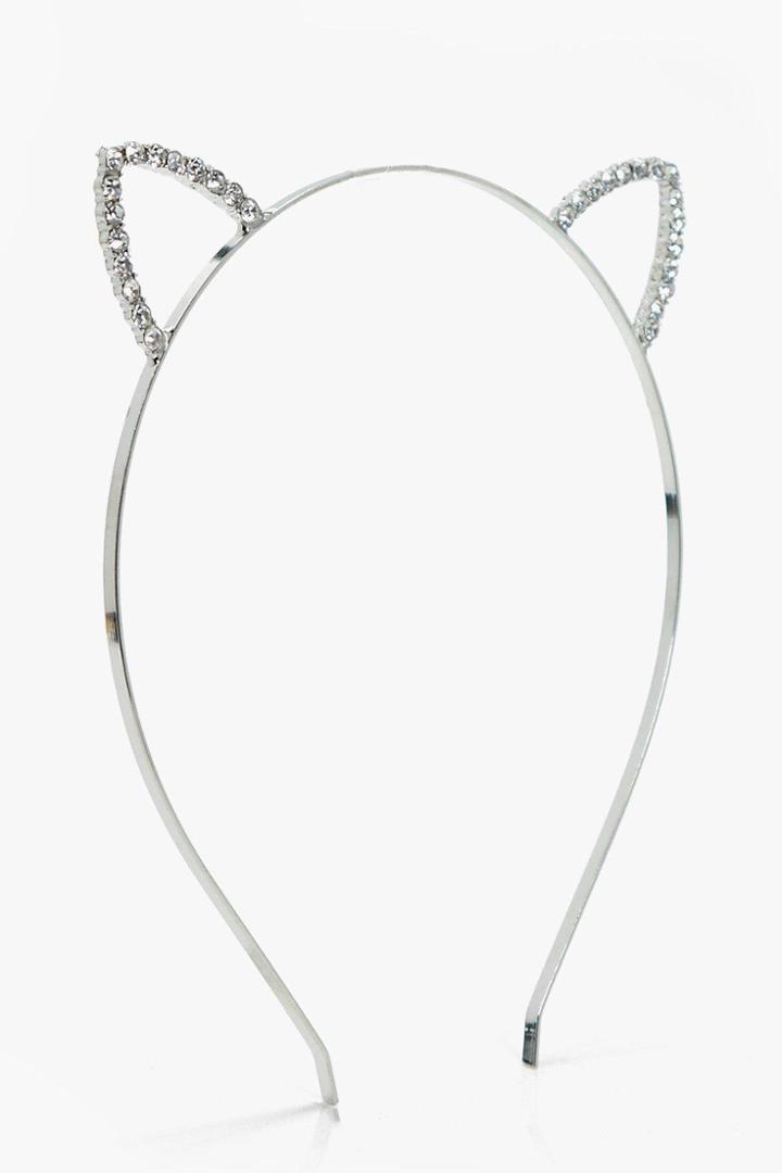Boohoo Amber Diamante Cat Ear Headband Silver