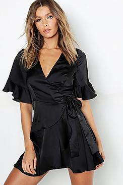 Boohoo Satin Wrap Ruffle Skater Dress