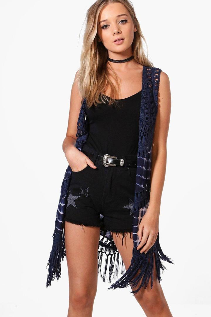 Boohoo Eleanor Tie Dye Crochet Festival Cardigan Blue